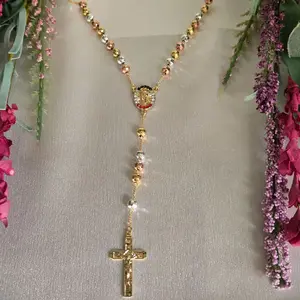 San Judas 14K Gold Plated Unisex Necklace Rosary,Studded Multicolor stones