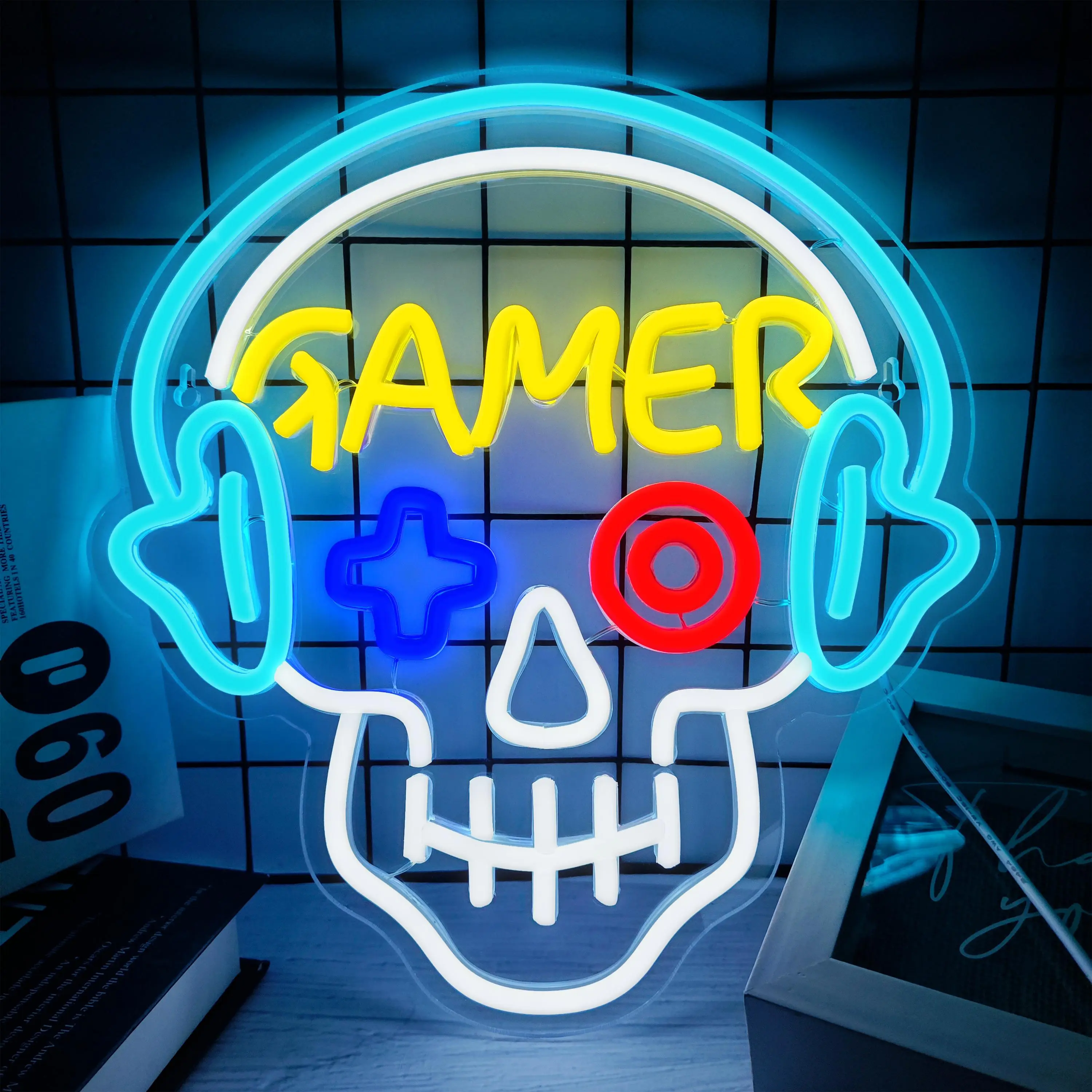 Gamer Neon Sign Dimmable Gamer Skull Neon Signs for Gamer Room Wall Decor USB Powered Gaming Neon Light Sign for Teen Boys Room Decor Game Zone Man Cave Kids Bedroom Gamer Gifts