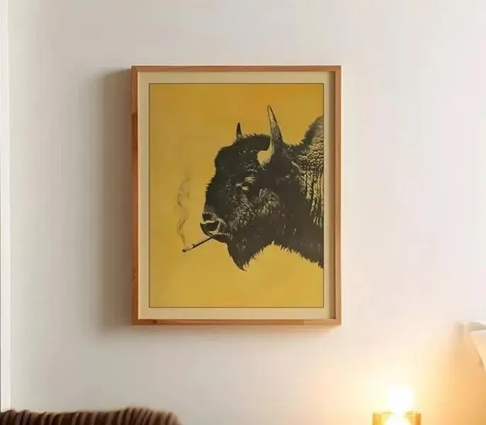 Bison Smoking a Cigarette Vintage Poster Art Funny Buffalo Posters, Smoking a Cigarette Vintage Poster Art Funny