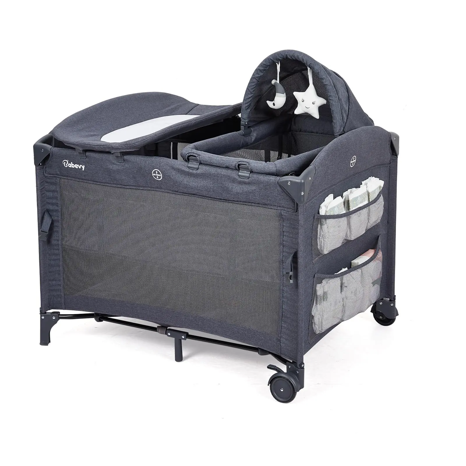 GARVEE 5-in-1 Pack and Play Baby Bedside Sleeper with Bassinet, Portable Crib, Diaper Changer, Playard and Hanging Toy, Nursery Center from Newborns to Toddlers - Deep Grey