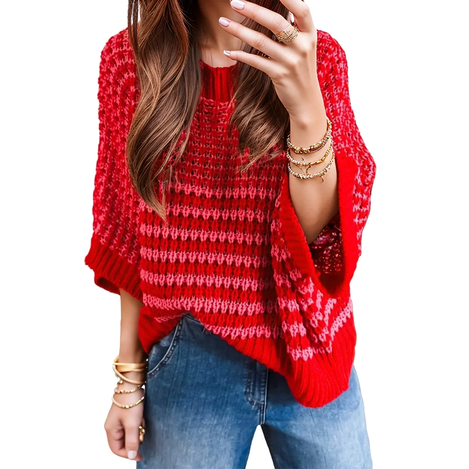 Asvivid Women's Stripe 3/4 Draped Sleeve Slouchy Sweater Tops Spring Fall Fashion Womenswear Pullover Top Knitwear