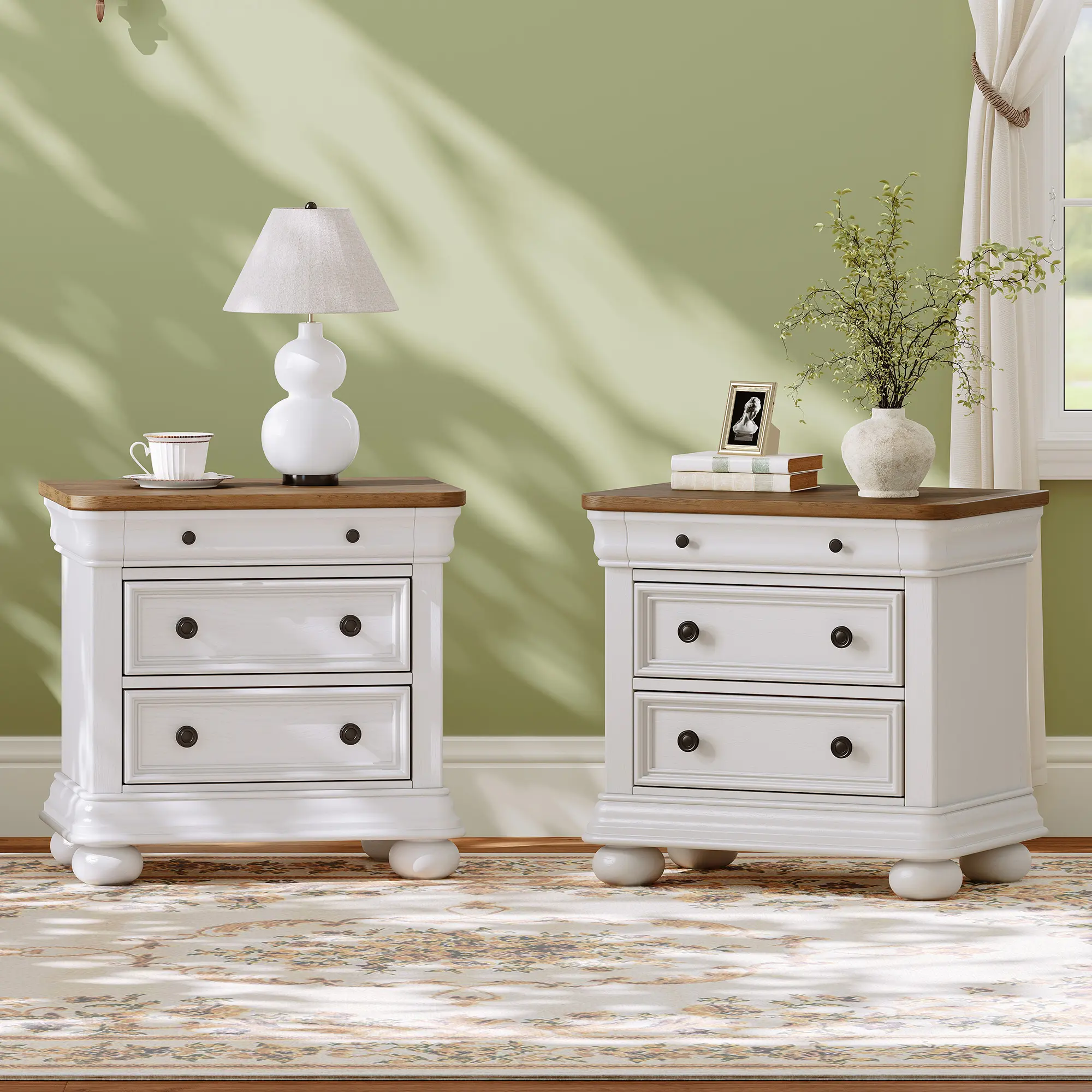 AMERLIFE Solid Wood Nightstand with Fully Assembled, 26‘’/30" Wide Vintage Farmhouse Bedside Table with 3 Drawers Storage, Sofa End Table for Bedroom, Living Room