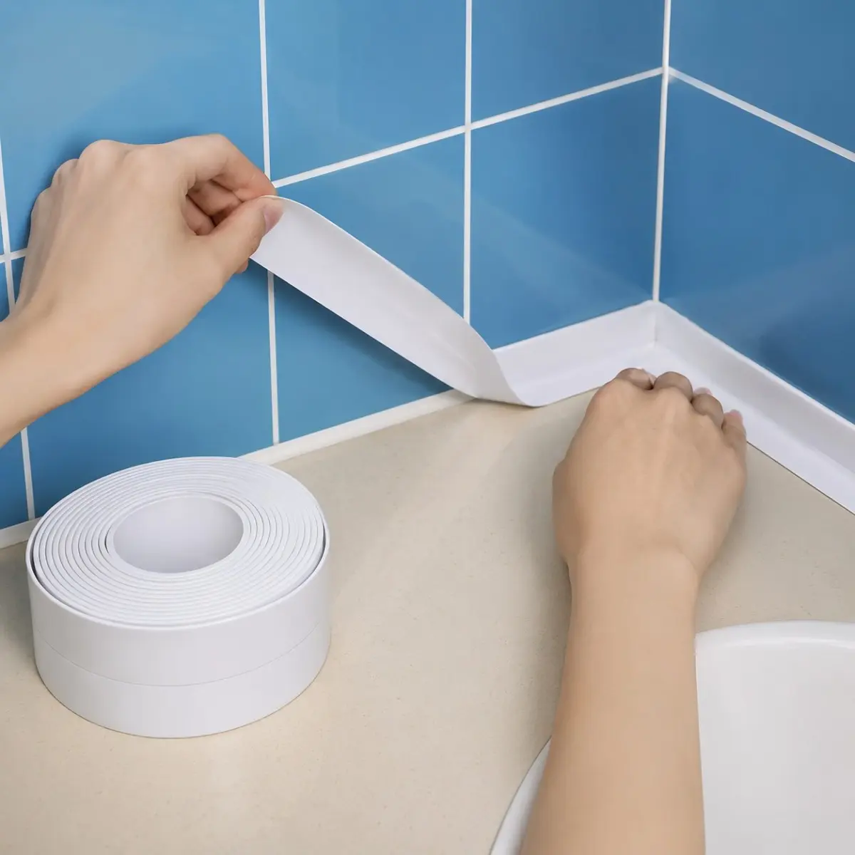 White Waterproof Caulk Tape,Length 5m  Strong Adhesive Waterproof White CaulkingTape for Bathroom, Self Adhesive Caulk Tape Sealant Strip for Bath & Kitchen,Bathroom Supplies