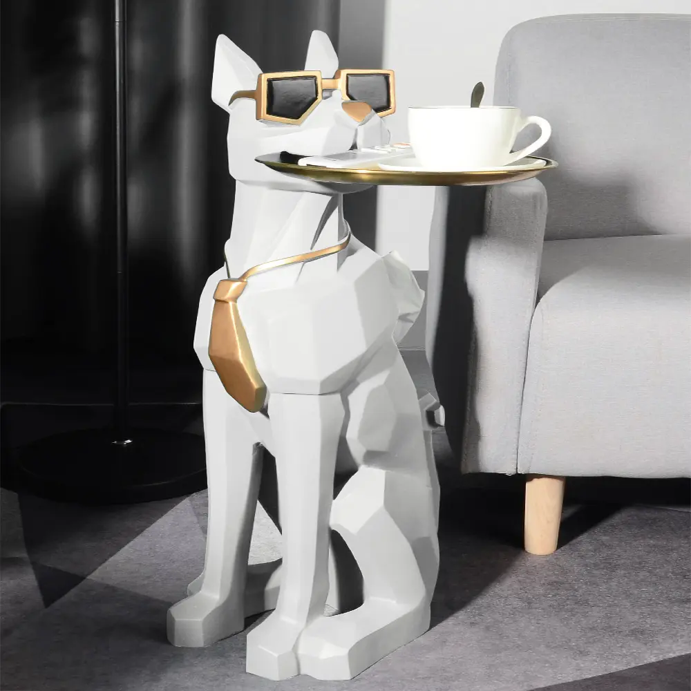 Homary Modern Resin Dog Sculpture End Side Table - Indoor Furniture with Metal Storage Tray, Hidden Tissue Box Holder, Waterproof Home Decoration Collectible, Resin Animal Ornaments, Balcony/Bath Ready, Birthday Gift