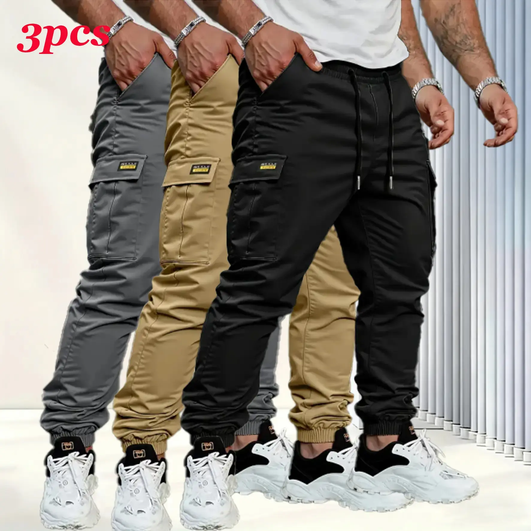 Men’s 3-Pack Basic Fitted Solid Color Cargo Joggers - Lightweight Stretch Machine-Washable Trousers with Multiple Pockets, Slimming Fit, Versatile Practical Sporty Chic for Hiking, Urban Streetwear, M