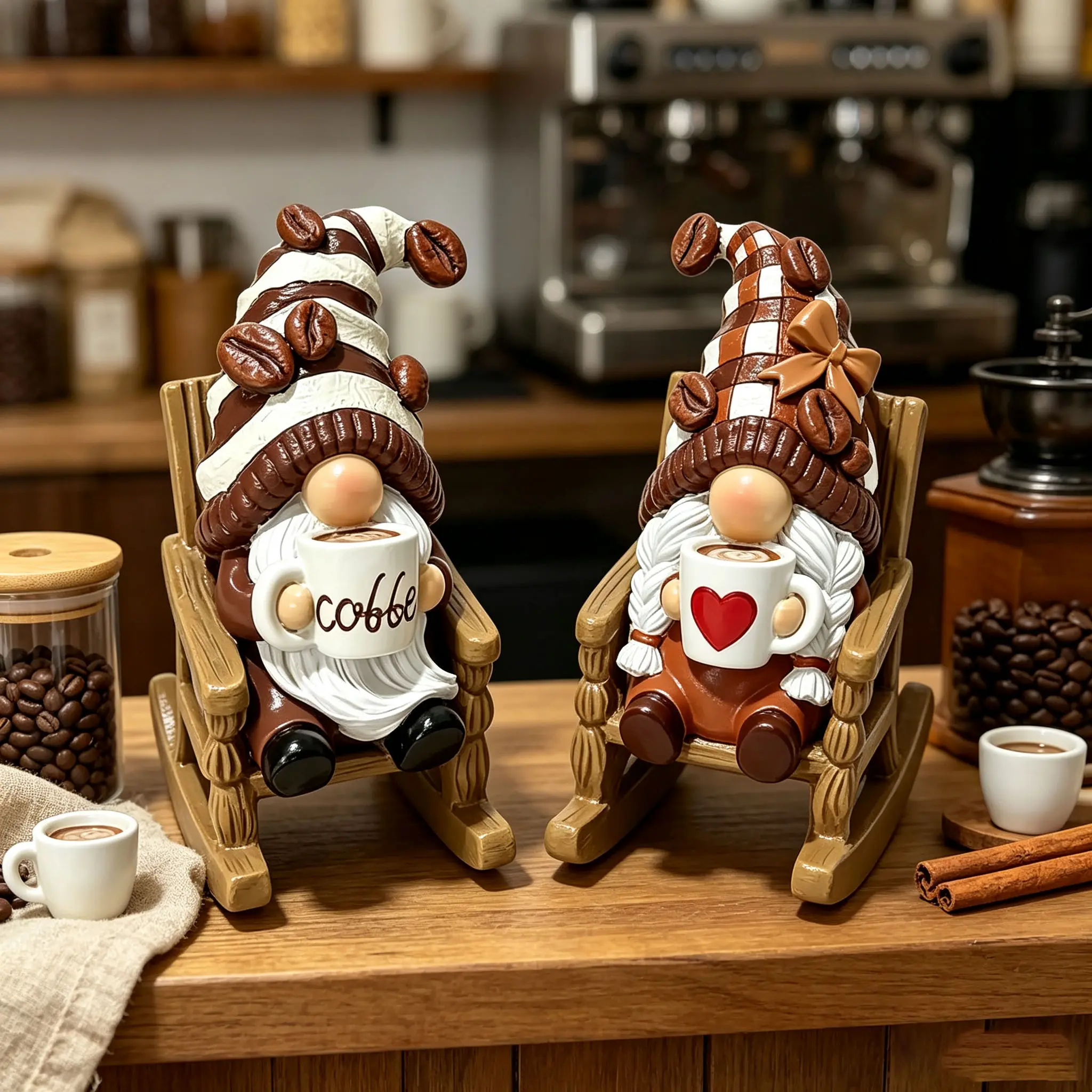 Sangeren 2Pcs Coffee Gnome Resin Figurine Set, Rocking Chair Coffee Bean Gnome Statue, Farmhouse Rustic Tiered Tray Decor, Cute Coffee Bar Ornament, Perfect Housewarming Gift for Coffee Lovers