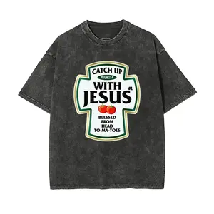 180g[100%cotCATCH UP WITH JESUS Fun Jesus Religious Blessing Tomato Unisex Plus Size Summer Graphic Tees Personalized Pattern Y2k Clothing Round Neck Short-Sleeved Washed T-Shirt,Women's Clothing 100% Cotton, Menswear, Top, Vintage Style, Casual Oversized