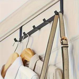 Practical Gadget: Premium 5-Hook Over-the-Door Metal Hanger. Easy to install and space-saving, ideal for organizing and storing towels, clothing, and accessories. Modern black finish, suitable for home, travel, and business use.