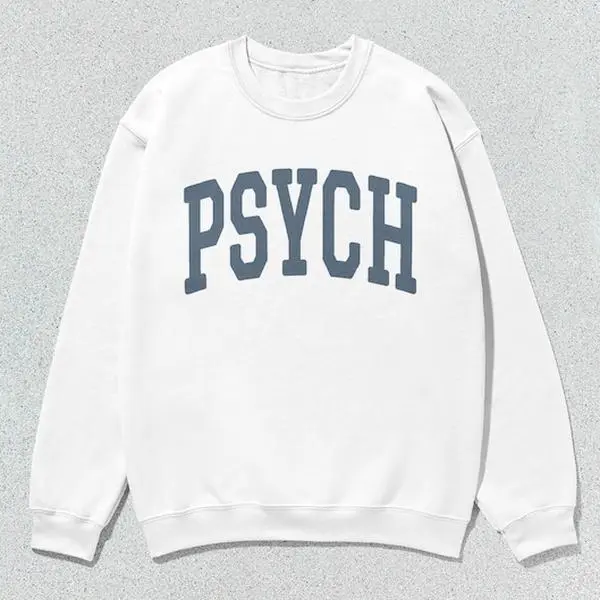 Psych Collegiate Crewneck Sweatshirt, Soft Unisex Casual Long Sleeve Graphic Print Pullover Top, Grey, Tops, Menswear, Crewneck Regular Fit, Round Neck, Unisex Fit, Slogan Print