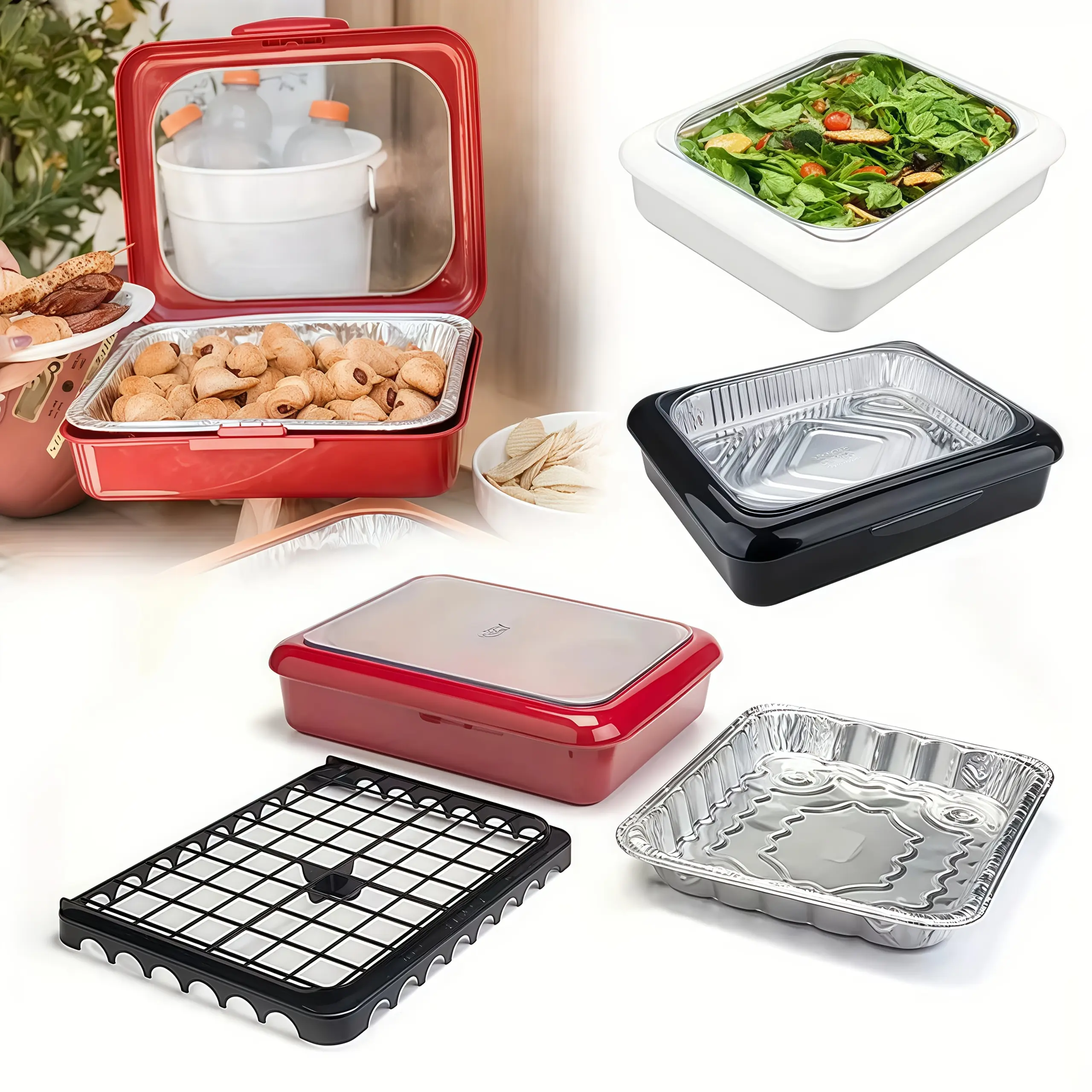 Stackable Portable Food Storage & Aluminum Foil Pan Carrier Set | 2-in-1 organizer with lid for picnics, BBQs, parties | Durable tray holder, dishwasher safe (multi-color); storage containers for food, kitchen containers