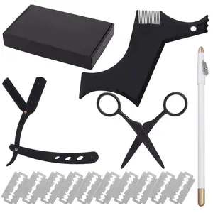 3 Piece Beard Shaping Tool Set for Men – Professional Straight Edge Razor, Template Guide, 10 Double Edge Blades, Barber Pencil & Stainless Steel Scissors – Complete Grooming Kit tiktokshopspringglowup