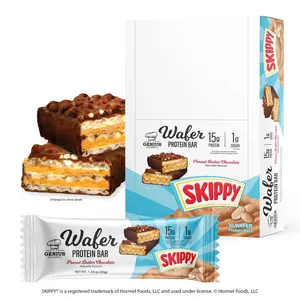 Genius Gourmet SKIPPY Peanut Butter Chocolate Flavored Wafer - 10ct Protein Bars,15g Protein per serving (30% DV), 1g Sugar, Chocolatey Snack Bar