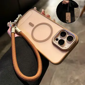 Short lanyard liquid skin sense magnetic For iphone16 Pro Max 15 14 13 iPhone case silicone soft shell TPU shockproof