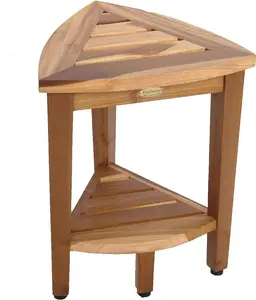 EcoDecors SnazzyCorner 18"H Teak Wood Curved Corner Shower Bench with Shelf in EarthyTeak Finish