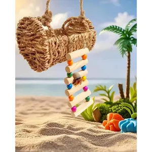 Hermit Crab Hideout with Natural Wood Ladder - Aquarium Climbing Bridge Ramp for Small Animals - Habitat Accessory for Crabs,Hamsters,Birds