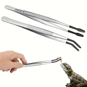 1pc Stainless Steel Reptile Feeding Tongs with Rubber Tips, 10.6” Flat & Curved Long Tweezers for Bearded Dragons, Snakes, Aquariums, Terrariums - Durable, Ergonomic Grip, Precision Tips for Reptile Care & Craft Supplies, Reptile Accessories, Terrarium Su
