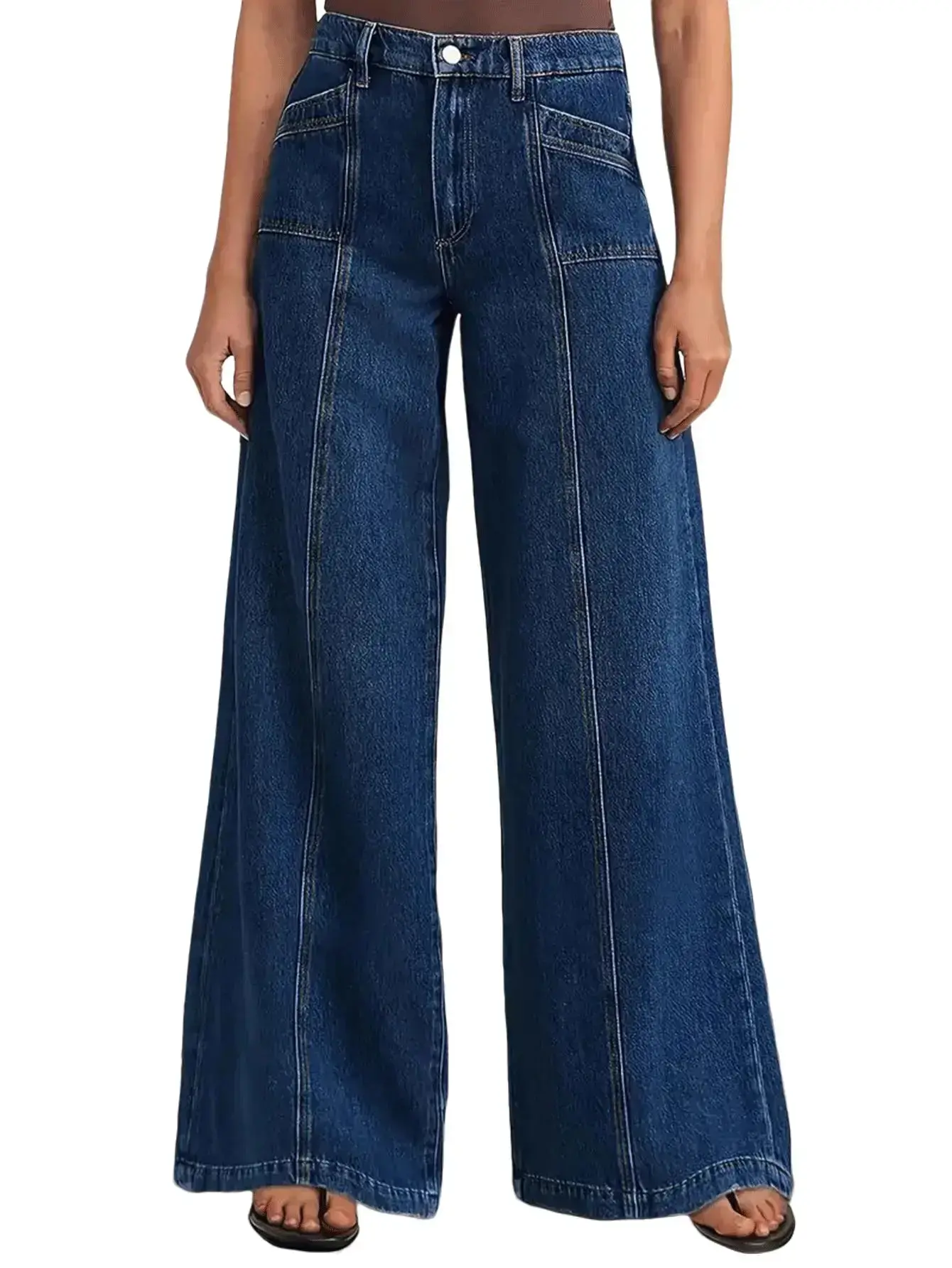 Women's High Waist Wide Leg Jeans, Vintage American Workwear Stitched Seam Multi-Pocket Loose Fit Floor Length Denim Trousers