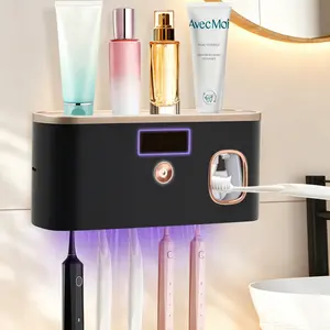 SummerVibes  UV Toothbrush Holder Wall Mount with Toothpaste Dispenser, 5-Slot Bathroom Sanitizer for Electric & Manual Toothbrushes, Black Rose Gold