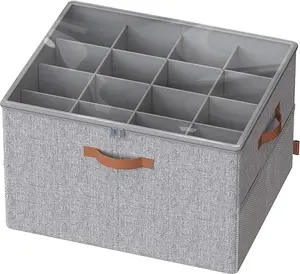 Shoe Storage Box, for Closet, Shoe Organizer, Holds 16 Pairs of Shoes, Fabric Container with Handles and Clear Cover, Adjustable Dividers, Customizable, Cappuccino Beige