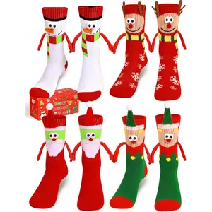 4 Pairs Funny Christmas Socks, Magnetic Hand Holding Socks, Christmas Stocking Stuffers for Women Men Couples, White Elephant Exchange Gifts, Xmas Secret Santa Gag Gifts, Sock Set