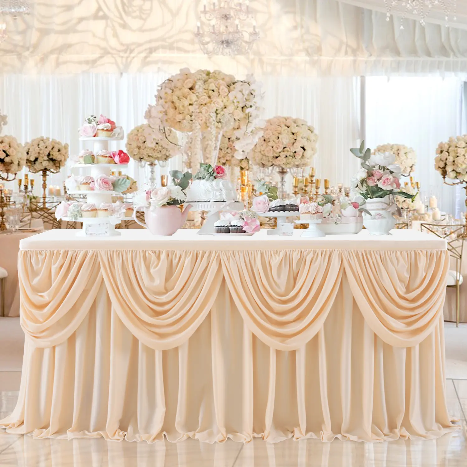 Only Covers Front of 6/9FT Table – Satin Double Drape Table Skirt for Rectangle & Round Tables, Elegant Pleated Adhesive Table Skirting for Weddings, Parties & Event Decorations