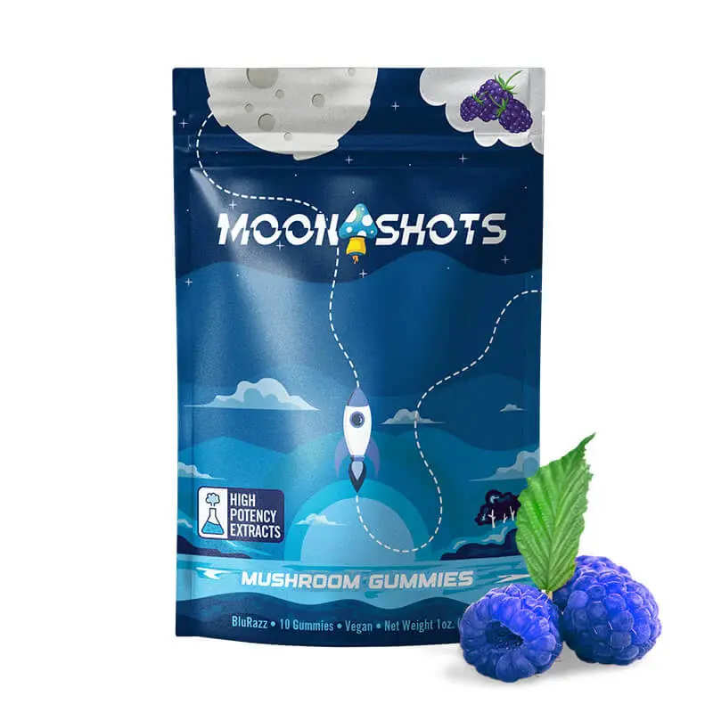 Moonshots Mushroom Gummies – Blue Raspberry – 10 Ct For Enhanced Focus & Energy
