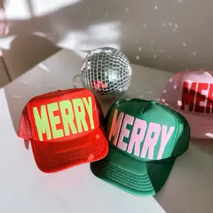 Puff Print Merry Trucker Hat Christmas in Vibrant Colors Perfect for Festive Season Wear