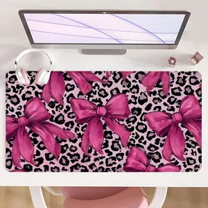 [Mouse Desk Pad] Non-Slip Mouse Pad Large Gaming Mouse Pad With Rubber Base & Stitched Edge Pink Leopard Bowknot Design Desk Top Protector Mat For Home Office Christmas Gift Desk Accessories