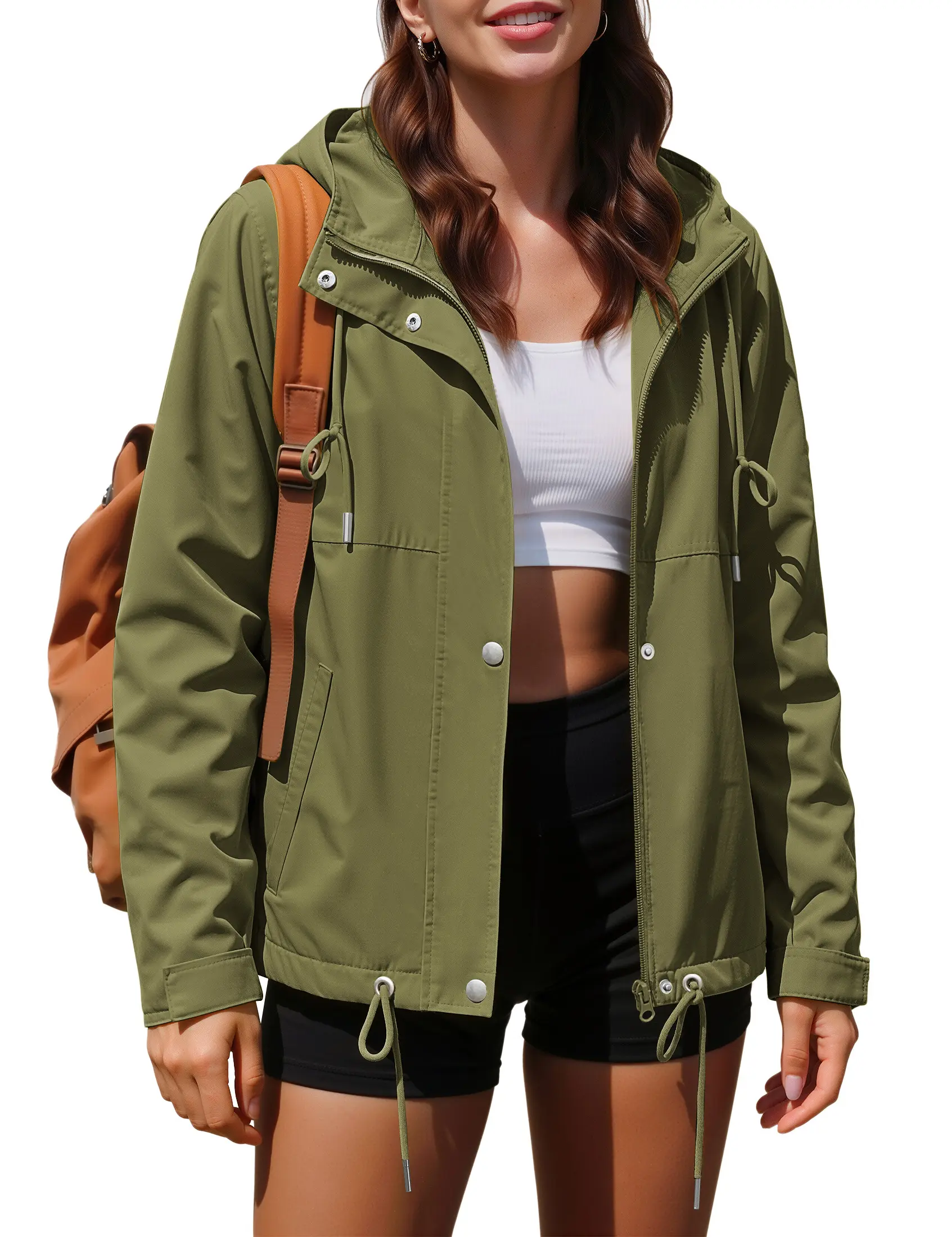 Luvamia Women's Waterproof Lightweight Adjustable Drawstring Zip Hooded Rain Jacket, Basic Lady's Tops with Durable Fabric for Hiking Outdoor Travel Windbreaker, Style, Everyday, Breathable, Casual, Coats, Pockets