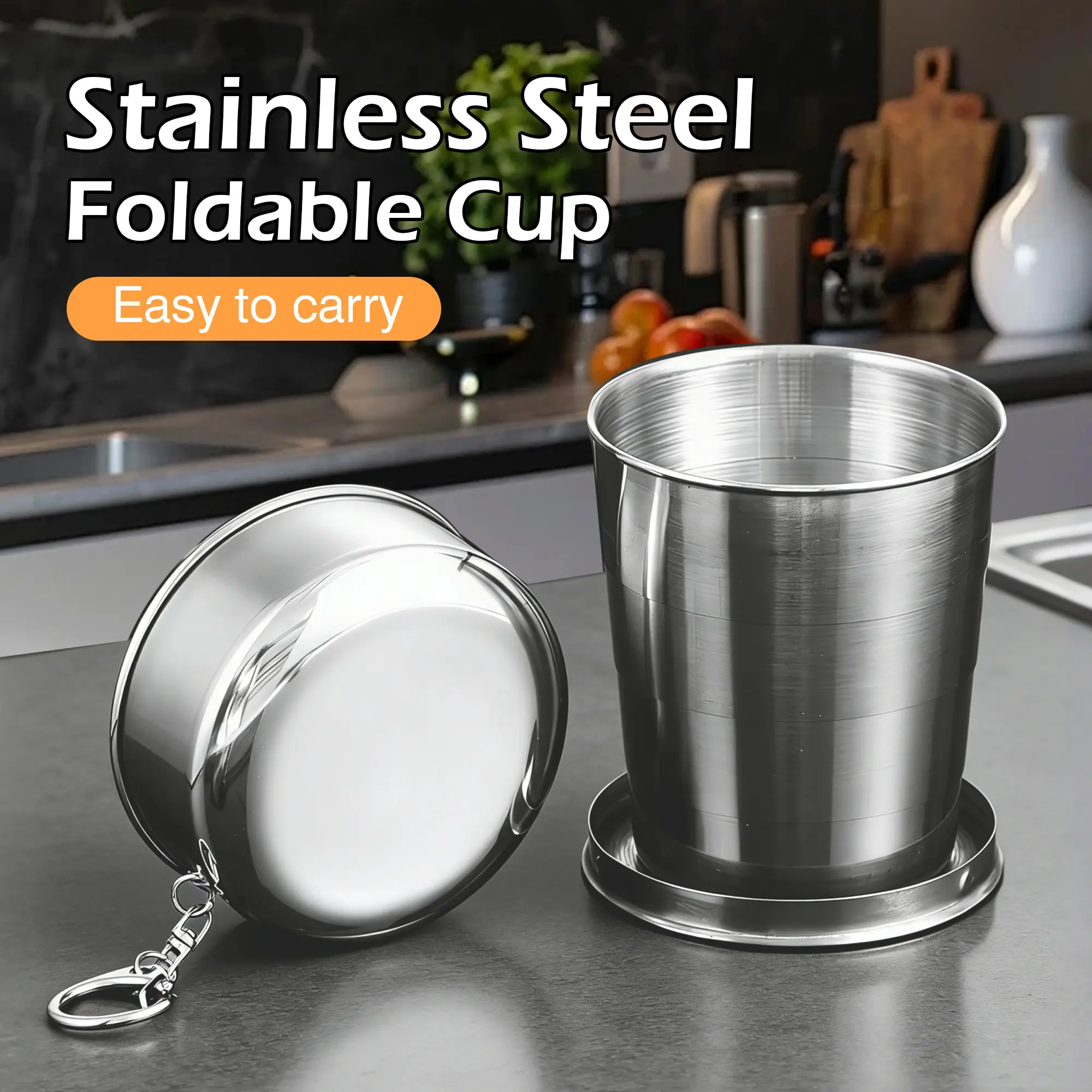 Stainless Steel Travel Coffee Mug - 1 Count Rust-proof Steel Collapsible Telescopic Fold Portable Keychain Hook Travel Drinks Accessory for Outdoor Camping, Running (Home & Party Supplies Gift Option)