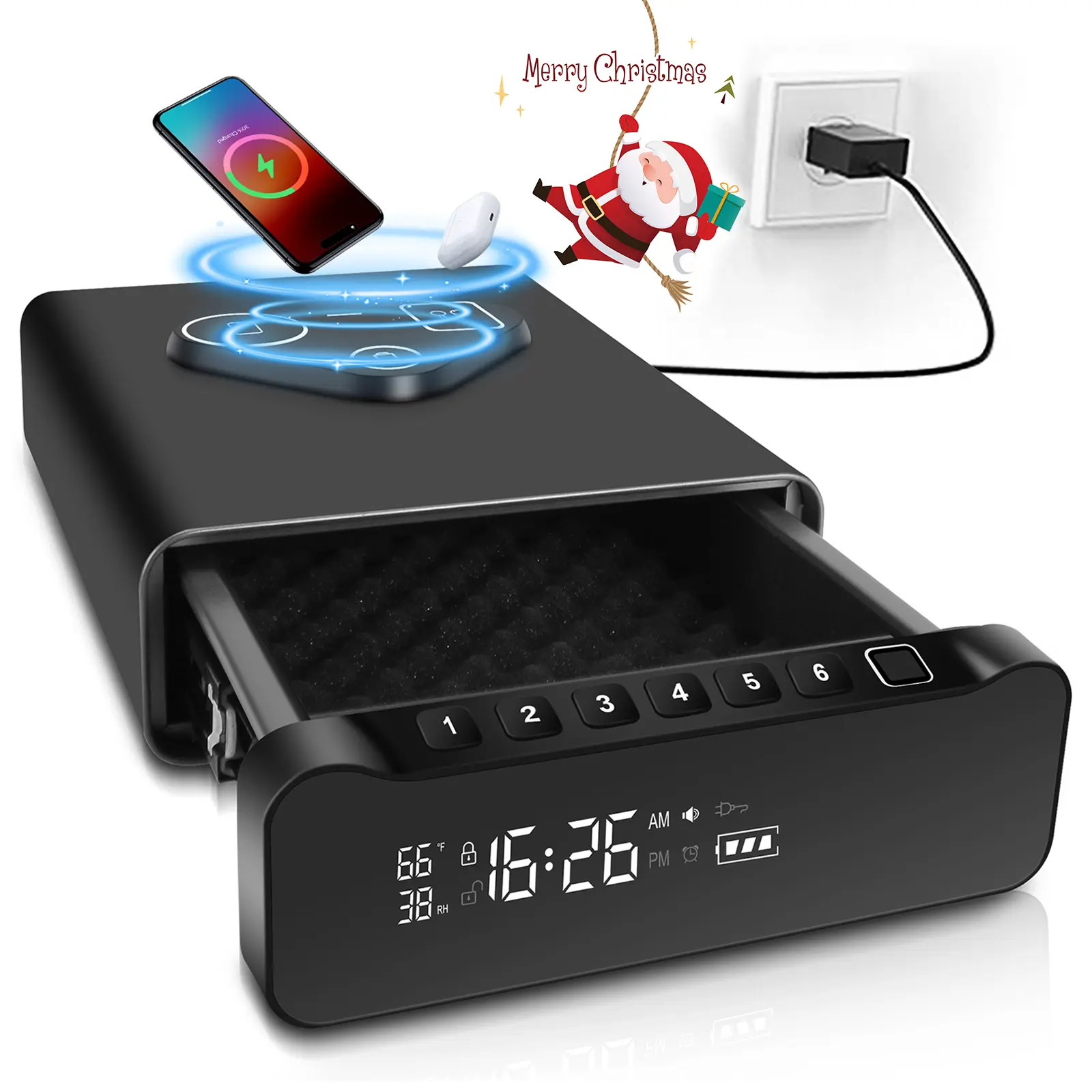【SummerVibes】FTOP Biometric Fingerprint Gun Safe, Clock Handgun Safe with 3-in-1 Watch & Phone Wireless Charging, Drawer Lock, suitable for desktop storage of hand guns, Cash, Valuables- with Humidity Reader|Temperature| Alarm Clock| Screen