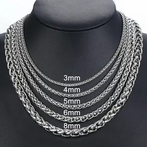 Hermah 3/4/5/6/8mm Braided Wheat Chain Necklace for Men Women Silver Color Stainless Steel Round Spiga Necklace 18-30inch