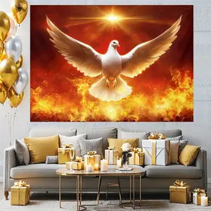 2D Flat Design Polyester Party Banner - White Dove & Flames Backdrop for Pentecost, Holy Spirit, Church Events, Baptism, Birthday, Thanksgiving Decor - Indoor/Outdoor Photography Cloth, No Power Needed, Easy t