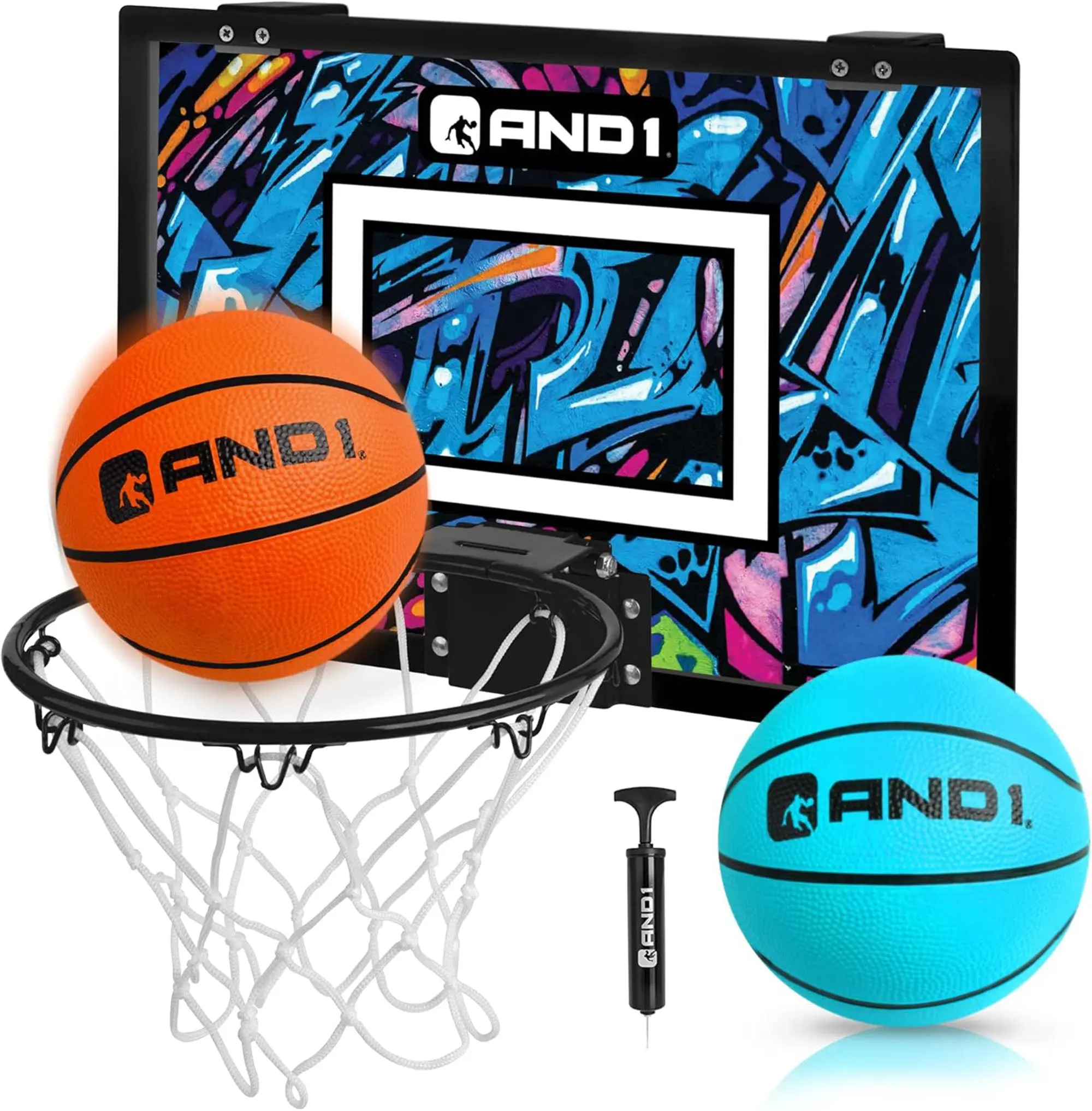AND1 Over the Door Mini Basketball Hoop - 18x12 Shatterproof Backboard, Foam Backing Shields Doors, Pre-Assembled, Spring-Loaded Steel Rim Feels Pro, 3-Ply Net, 2 Mini Basketballs, Hand Pump - Indoor Play Accessory, Backboards, Ball Sports Equipment, Chil
