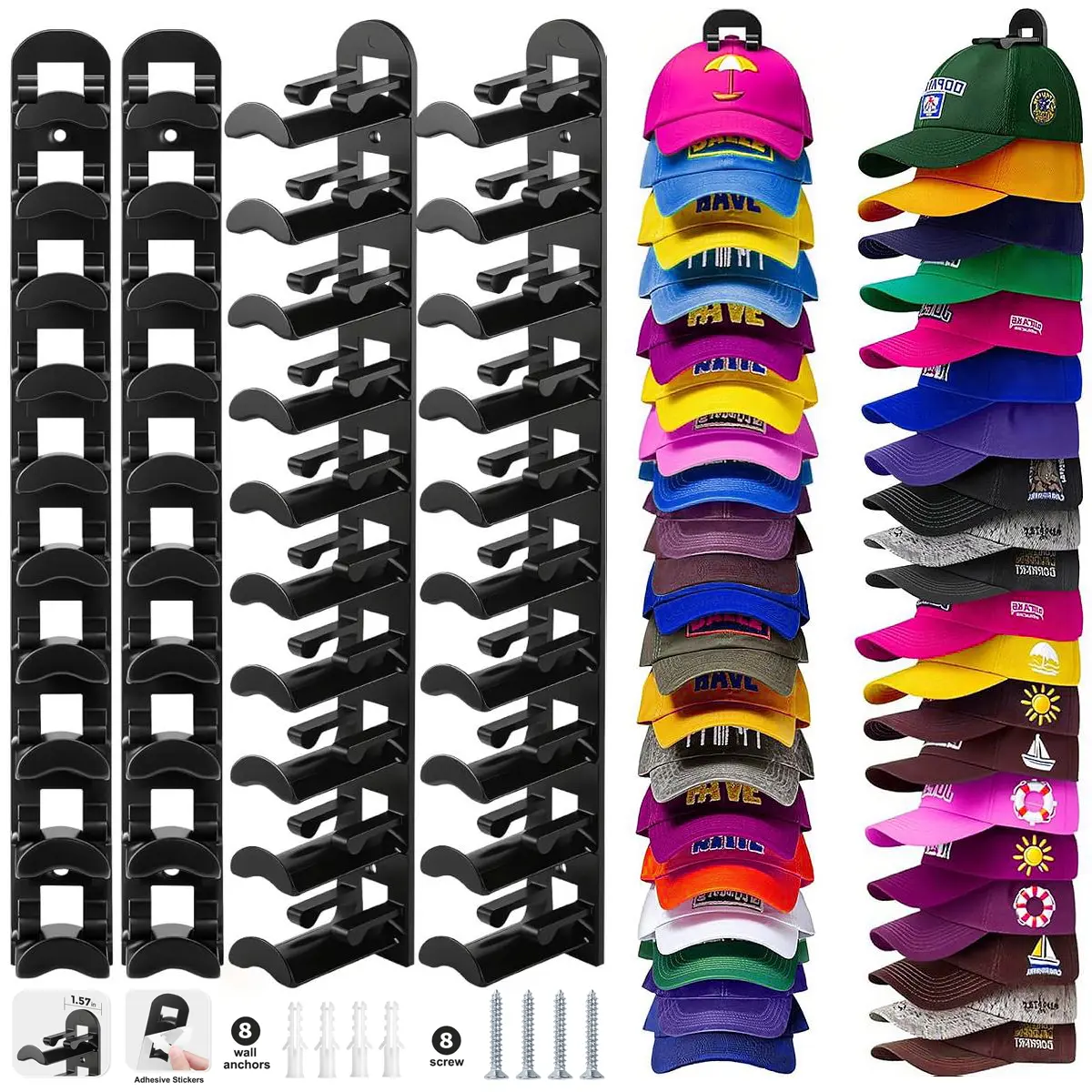 4 Pack Hat Rack on Wall with Hooks for Caps Hold Up to 40 Hats, Wall-Mounted Hat Organizer for Baseball Caps with Strong Adhesive or Nail Multilayer Cap Holder Decoration for Wall Closet Door and Bedroom Hat Hangers Space-Saving Hat Storage for Men