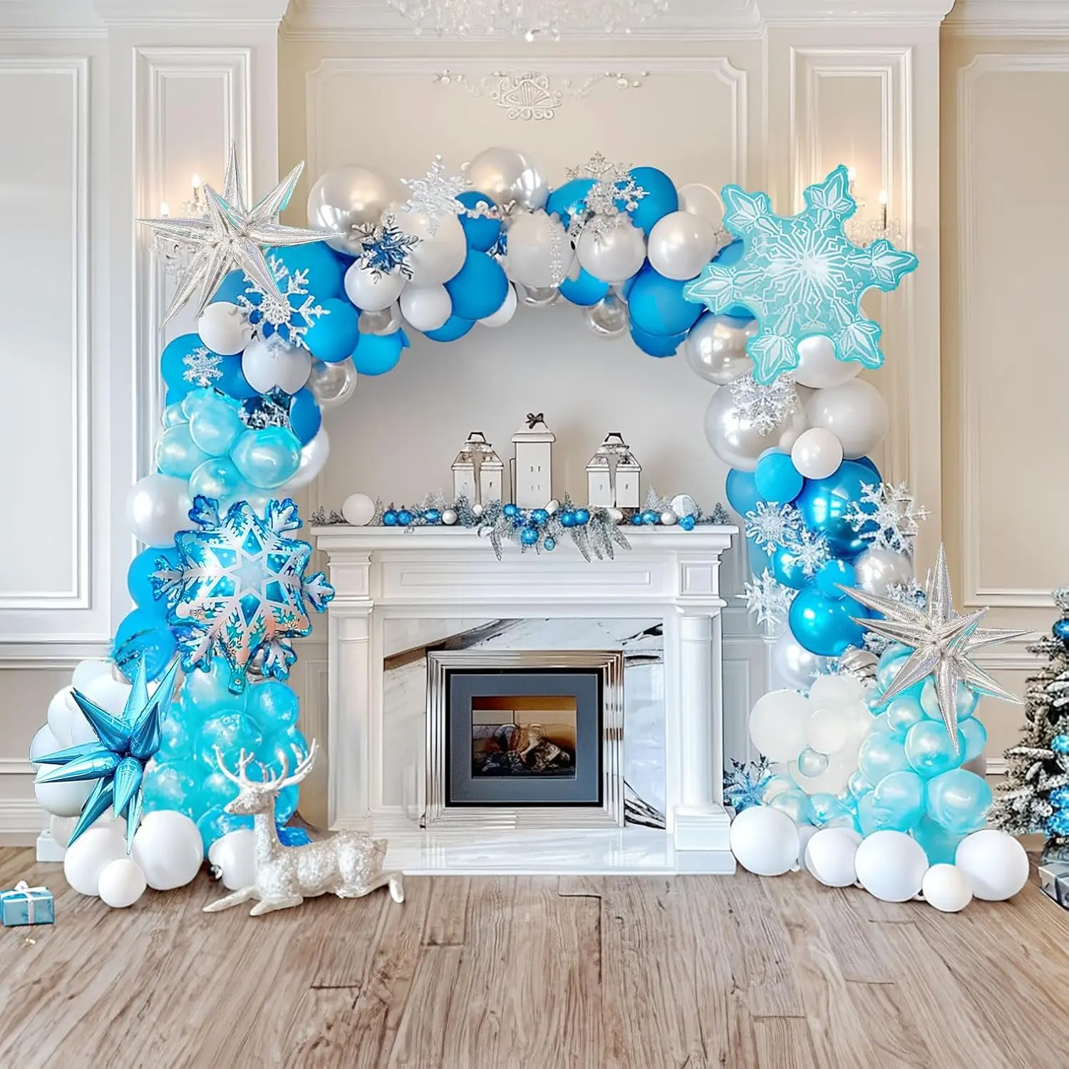 Winter Blue Pearl Silver Snowflake Balloon Garland Arch Kit 115Pcs With Light Blue Snowflakes And Mylar Star Balloons For Winter Birthday Baby Shower Christmas New Year'S Eve Decorations