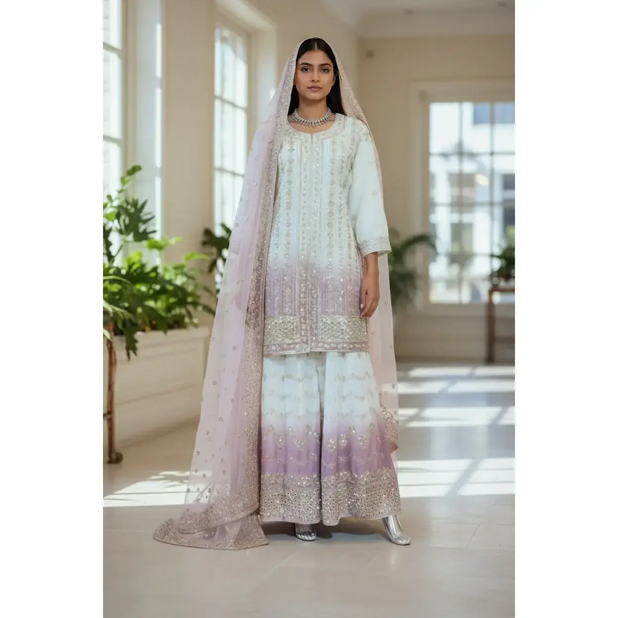 Star Georgette Russian Plazo Dress, Cultural Wear for Women