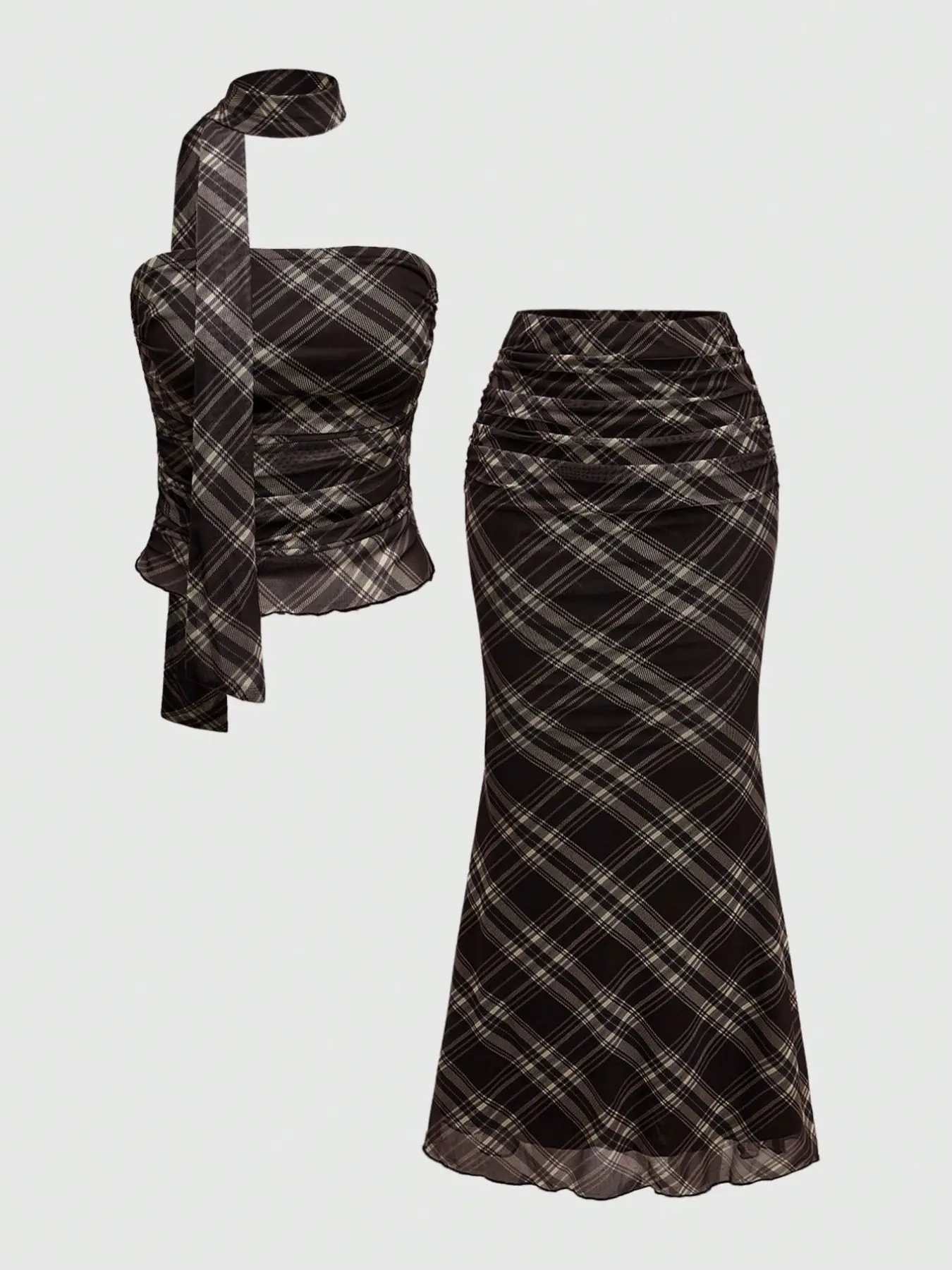 Y2K Plaid Mesh Two-Piece Set, Ruched Bralette + Fish Tail Midi Dress with Matching Neck Scarf, Perfect for Brunch, Dates, Night Out, Shopping
