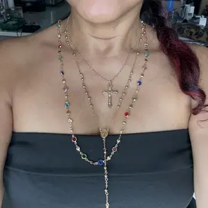 4 Piece Set Vintage Metal Jesus Cross Religious Pendant Y-Style Long, Bohemian Style Boho Chic Colorful Crystal Jewelry, Perfect Fashion Gift for Women