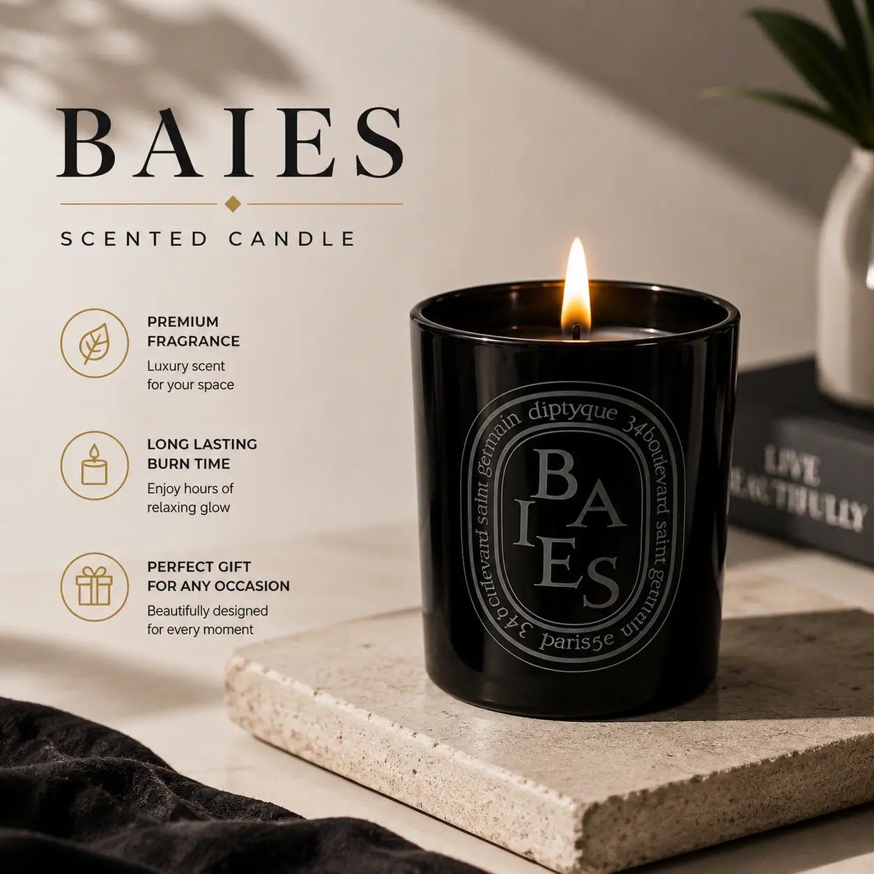 [Free Ship] Diptyque Black Baies Floral Scented Candle 10.2 oz Luxury Black Glass, Elegant Flower Aroma, 75-Hour Burn, Perfect for Home Decoration
