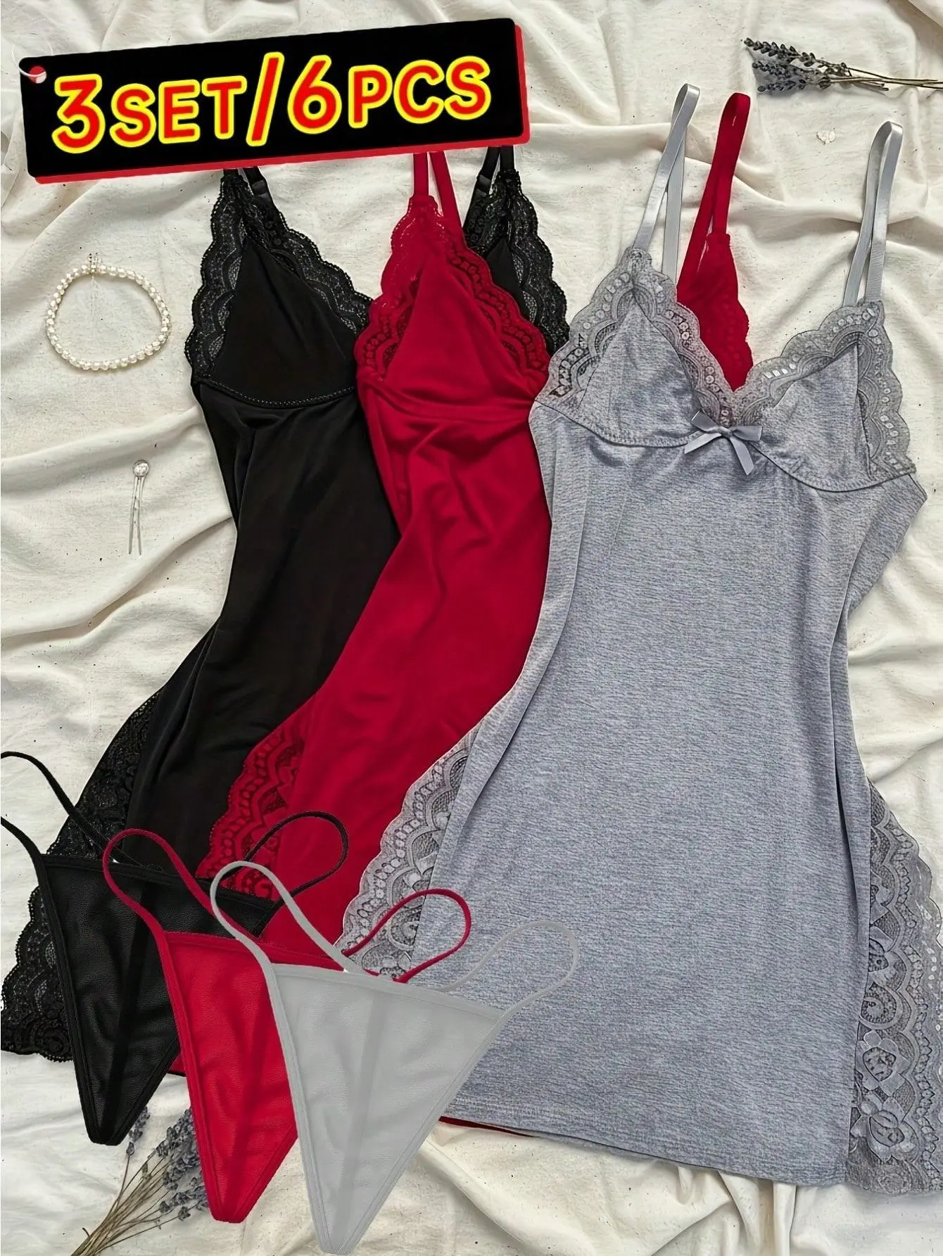 Women's Lacy 3-Piece Lingerie Set, Solid Color Nightwear and Loungewear Gown with Lace Panels and Side Slits, Sleeveless, V Neck, Basic, Women's Clothes, Night Gown For Women