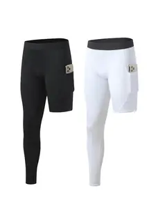 2 Pack One Leg Compression Tights Men with Pockets, Breathable & Quick Drying Running Basketball Leggings, Long Pants Sports Base Layer Gym Fitness Leggings, Solid Sports Leggings