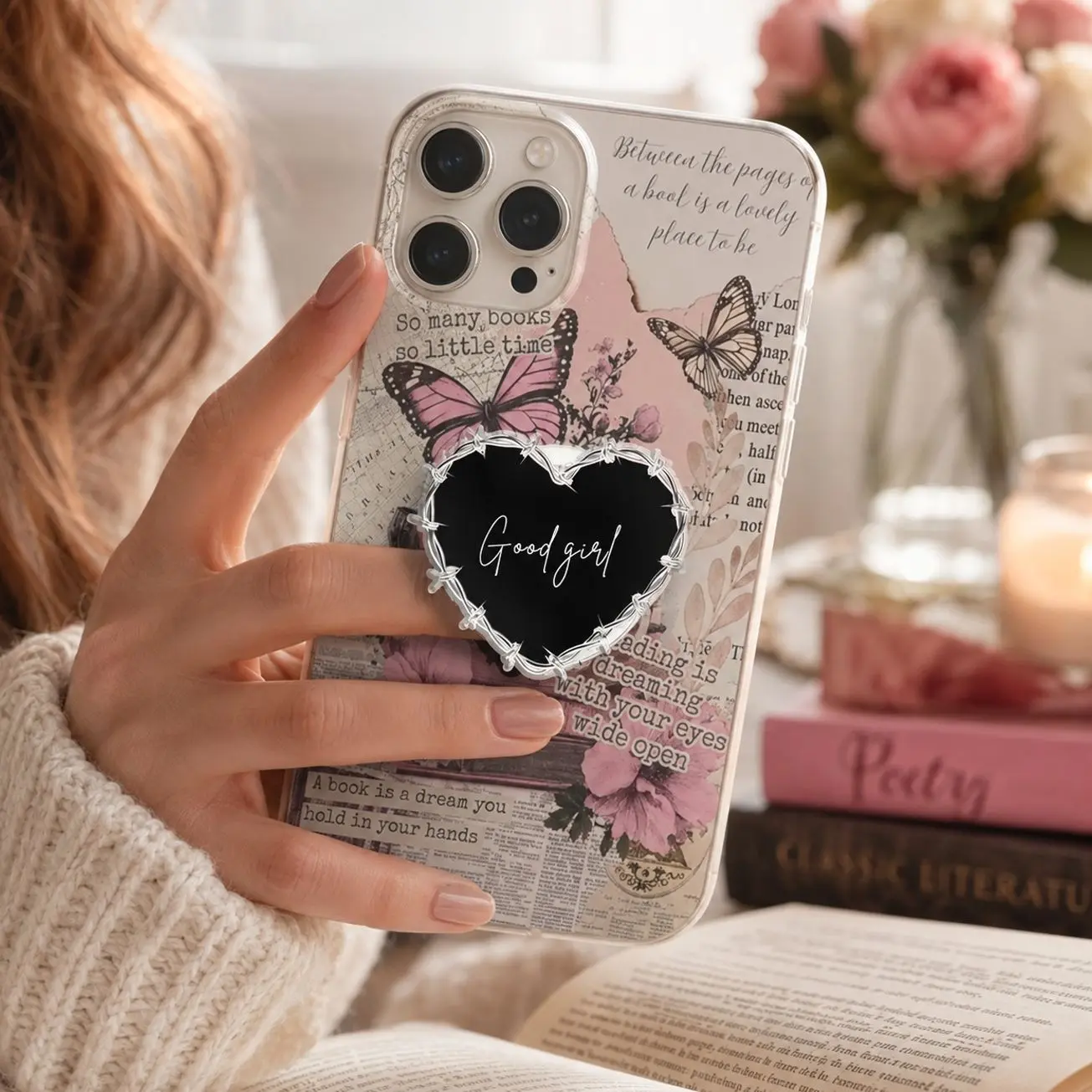 Dark Romance Booktok Phone Grip, Barbed Wire Heart Aesthetic Holder, Edgy Reading Accessory for Kindle