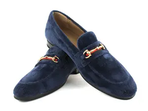 Slip On Navy Blue Velvet Loafers With Gold Buckle Men's Dress Formal Shoes AZARMAN