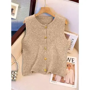 1pc Minimalist Solid Color Soft Gentle Metal Button Decor Knit Vest Cardigan, Versatile Round Neck Fashion Sweater Vest For Women, Autumn/Winter