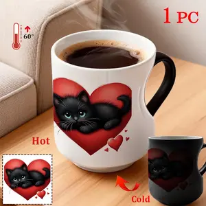 1pc Magic Color-Changing Black Cat Heart-Shaped Mug - Heat-Sensitive Ceramic Cup, Cute Cat and Heart Design, 11oz/330ml, Temperature-Sensitive Cat Face Display, Hand Wash Only - Valentine's Day/Christmas Gift for Loved Ones
