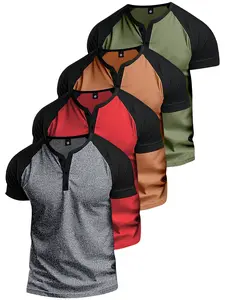 Men's Four Piece Set Henry Shirt Short Sleeve Thermal Underwear Henry Top Casual Slim Fit Lightweight 5 Button T-Shirt Stretch Fabric Cotton Street Style Button Front Shirt Round Neck