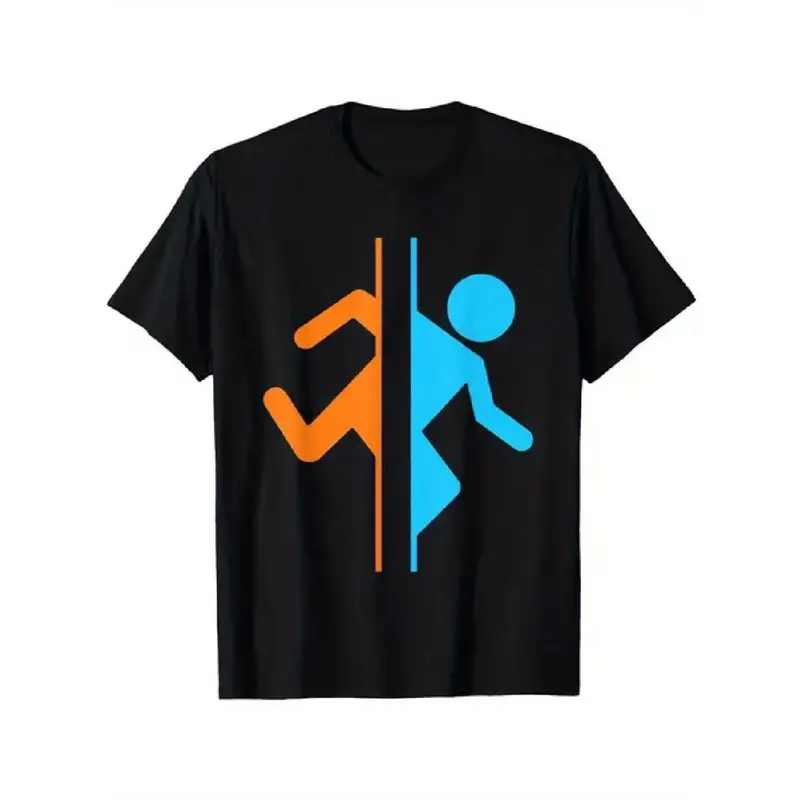 Men's & Women's Black Pure Cotton T-Shirt with Vibrant Orange & Blue Silhouette Graphic Print , Regular Fit Casual Streetwear, All-Season Soft Comfortable Unisex Top - Ideal Gift for Adults, Streetstyle Clothing