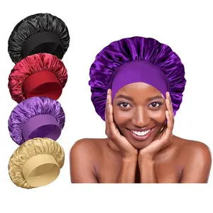 4 count Silk Satin Bonnets for Sleeping - Elastic Wide Band Wrap for Black Women Men,Silk Bonnets for Curly Hair,Large Hair Cap for Sleeping (Black+ Red+Purple+Brown)
