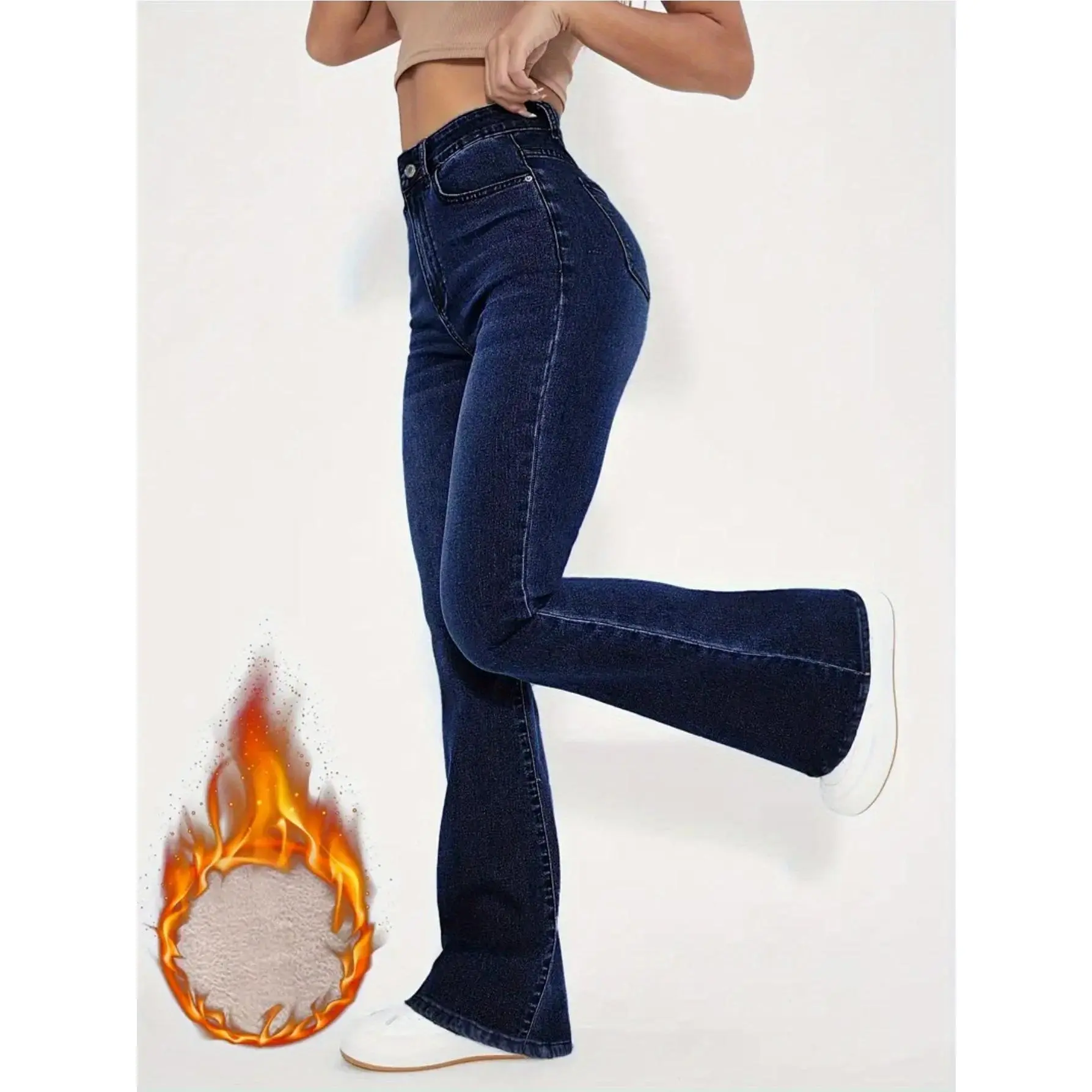 Women's High-Waisted Baggy Denim Pants - Washed Blue, Distressed, Viscose-Cotton Woven, Plush-Lined Winter Warm Streetwear Bottoms with Flared-Tapered Legs